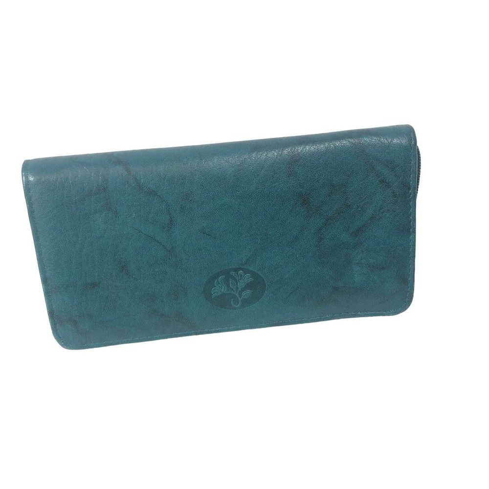 Buxton Green Top Leather Credit Card ID Window Bifold Zip Around‎ Wallet Vintage